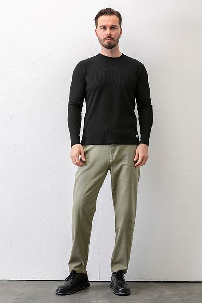 JB John Borners Men's Black Crew Neck Slim Fit Stretchy Waffle Fabric Textured Long Sleeve T-Shirt - 5073-2