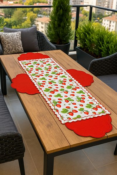 İNCİ ÇEYİZ 5 Piece Garden and Balcony Concept Embroidered American Service Plate and Runner