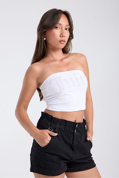 3 ROPE Juicy Rhinestone Stone Printed Strapless Crop Top Bustier White