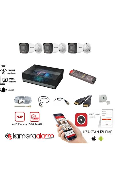 Hikvision 3 Kameralı 7/24 Renkli Görüşlü Ahd Güvenlik Kamera Seti - Uzaktan I...