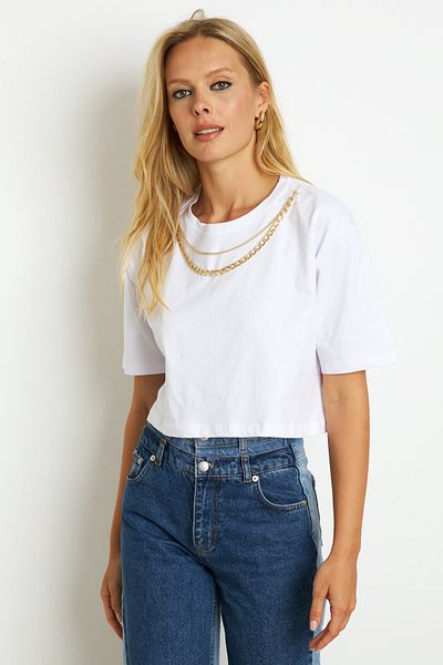 Cool & Sexy Γυναικείο T-Shirt με Αξεσουάρ Λευκής Αλυσίδας - HT109