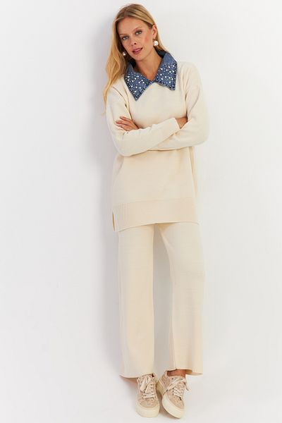 Cool & Sexy Ecru Denim Collared Women's Knitwear Set - Pearl Bottom and Top Set Nuv22