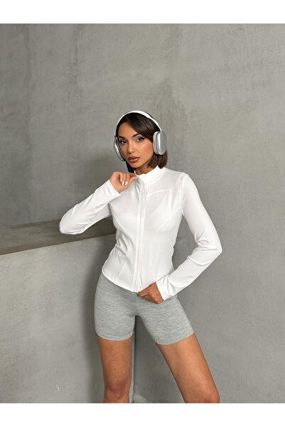 Miss Prova Jachetă sport tricotată cu guler în picioare cu fermoar, albă, Mıssce05922