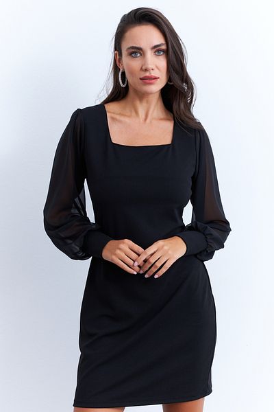 Cool & Sexy Rochie midi de damă neagră cu mâneci din tul cu gât pătrat ST841