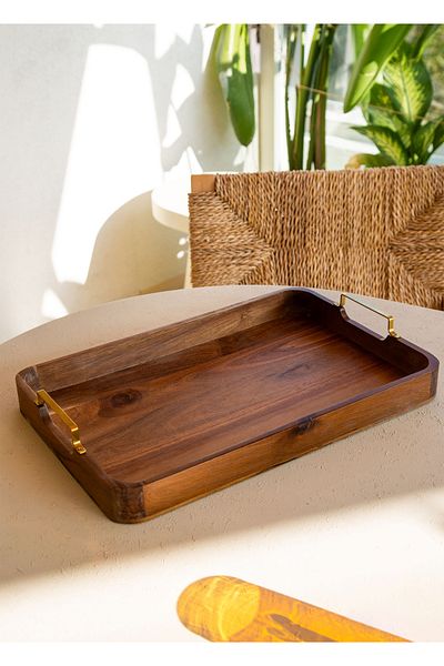 The Mia Natura Metal Arm Acacia Tray 45x30 cm