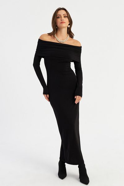 Cool & Sexy Czarna Długa Sukienka Damska - Madonna Collar Lik10