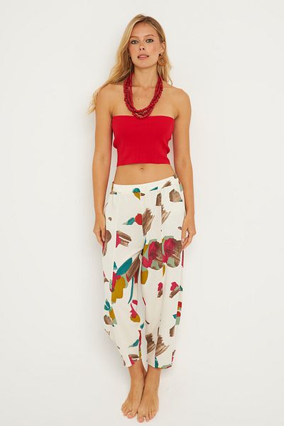 Cool & Sexy Ecru-Fuchsia Patterned Linen Women's Baggy Trousers - K1253
