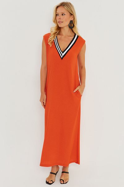 Cool & Sexy Rochie maxi de damă portocalie cu decolteu în V blocat EY2779