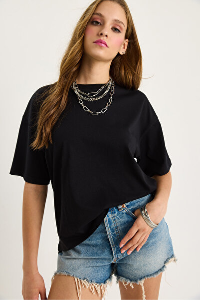 Bianco Lucci Γυναικείο μπλουζάκι από 100% οργανικό βαμβάκι με χαλαρή εφαρμογή με σκίσιμο στρογγυλό λαιμό 60602047