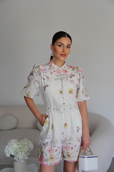 Julidress Floral Patterned Belt Button Detailed Lined Mini Premium Linen Jumpsuit
