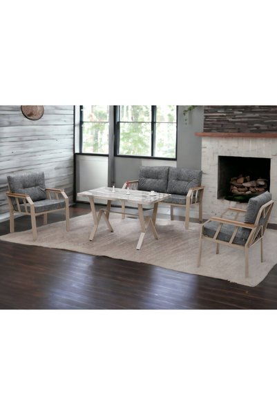 Tu Tienda NERGİZ KAPİÇİNO 2+1+1+MERMER MASA(70X120) BALKON BAHÇE MUTFAK TAKIMI,GRİ