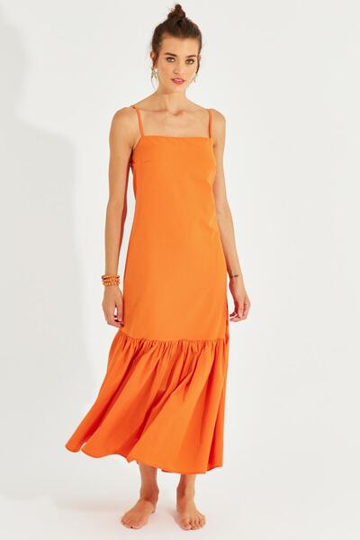 Cool & Sexy Women's Orange Skirt Flounced Strap Midi Dress MEN2001