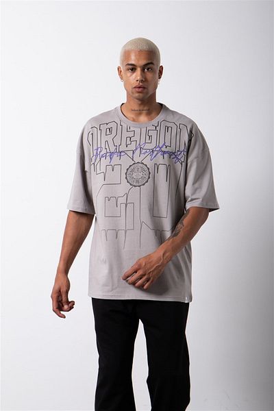 Machinist Ανδρικό μπλουζάκι Oregon 20 εμπριμέ βαμβακερό oversize ανοιχτό γκρι