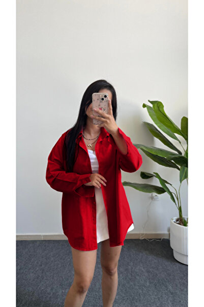 Shiron Sportswear&Company Luxury Quality Red Women's Off Shoulder Oversize Linen Pocket Detailed Shirt