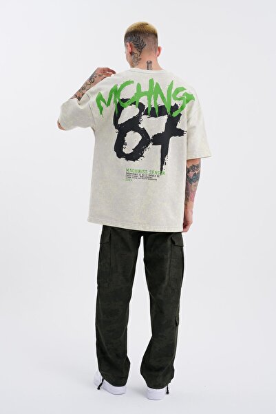 Machinist Ανδρικό ανοιχτό μπεζ μπλουζάκι Oversize - Washable Brush Printed Spotted