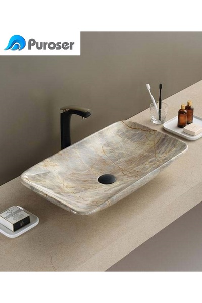 PUROSER Marbel Bej Tazgah Üstü Çanak Lavabo