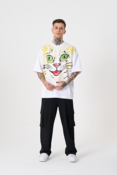 Machinist Ανδρικό λευκό μπλουζάκι με στάμπα Runaway Cat