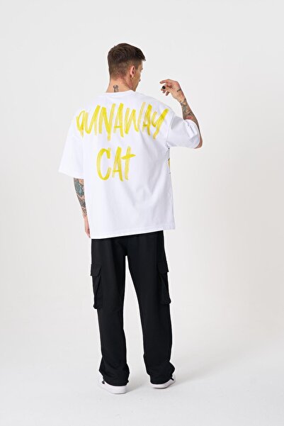Machinist Ανδρικό λευκό μπλουζάκι με στάμπα Runaway Cat