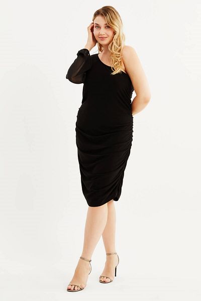 MYLİNE One Shoulder Chiffon Detailed Shirred Dress