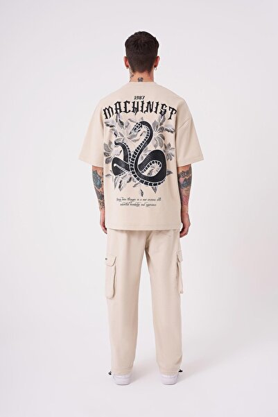 Machinist Ανδρικό μπλουζάκι Snake Aplique με στάμπα Oversize ανοιχτό μπεζ