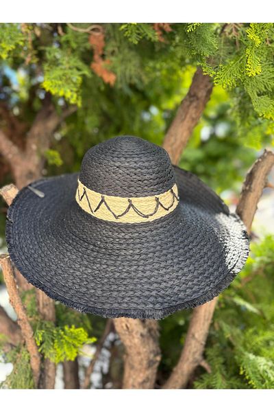 Axesoire 14748 Pălărie de paie lată neagră cu dungi în zig-zag