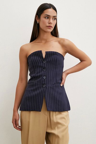 Never more Navy Blue Striped Strapless Vest