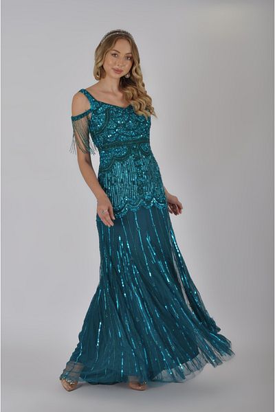 GATSBYLADY LONDON Chloe Cold Shoulder Maxi Dress in Teal Blue