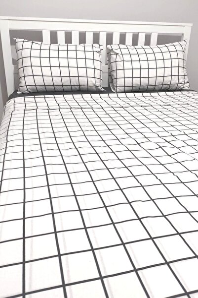 CANDAN ÇEYİZ Double Sheets, Elastic Cotton, 4 Pillowcases, Checkered White Duvet Cover Set (with a Gift)