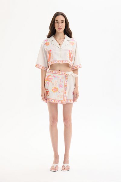 Quzu Colorful Embroidery Embroidered Tie-Up Linen Shorts Skirt Natural