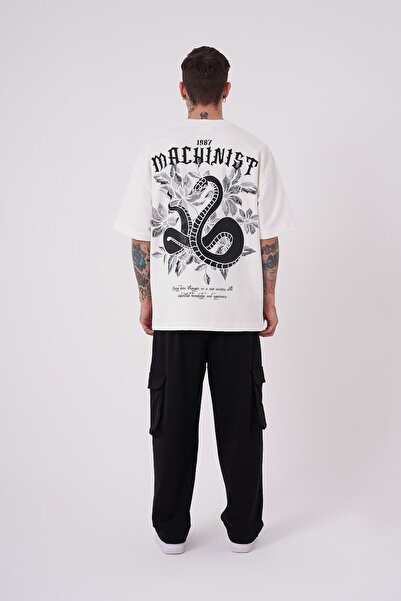 Machinist Men's Snake Applique Printed Oversize Ecru T-Shirt