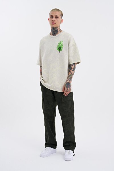 Machinist Ανδρικό ανοιχτό μπεζ μπλουζάκι Oversize - Washable Brush Printed Spotted