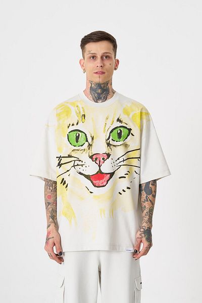 Machinist Men's Runaway Cat Printed Oversize Gray T-Shirt