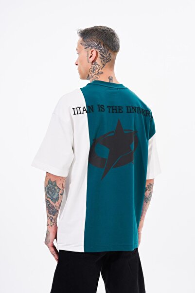 Machinist Petrol Green Embroidered Oversize Men's T-Shirt - Ripped Technical Design