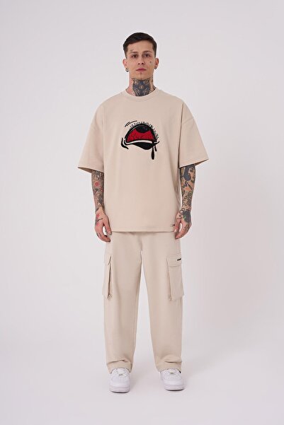 Machinist Ανδρικό μπλουζάκι Tired Eyes Κεντημένο Oversize ανοιχτό μπεζ
