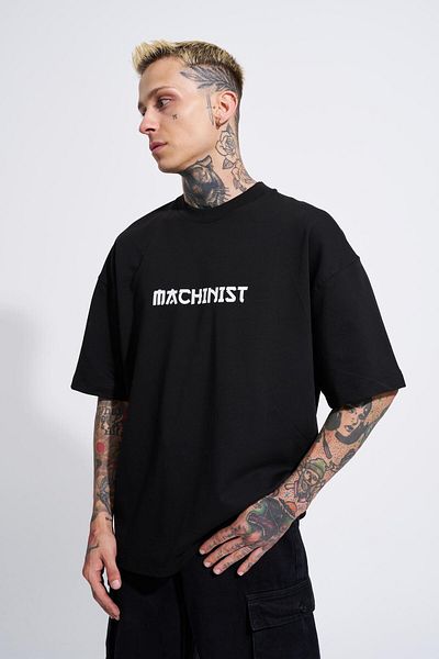 Machinist Men's Crane Patch Printed Oversize Black T-Shirt