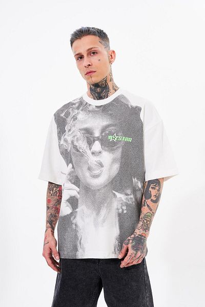 Machinist Macstar Printed Smoked Oversize Men's Ecru T-Shirt