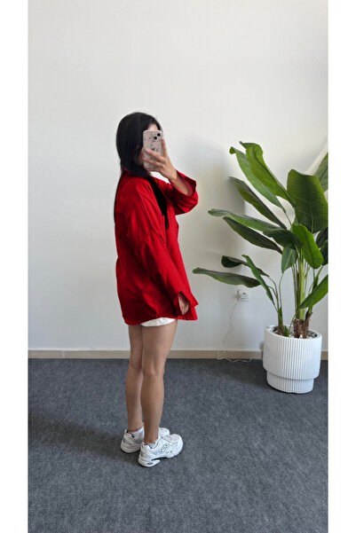 Shiron Sportswear&Company Luxury Quality Red Women's Off Shoulder Oversize Linen Pocket Detailed Shirt