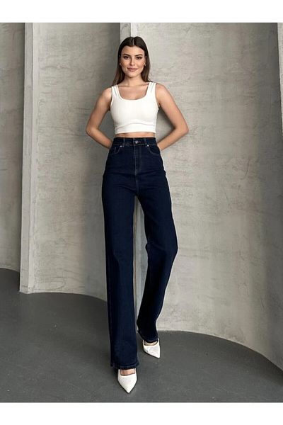 kotmodası Camelia Gold Ikon anii 90, albastru închis, bleumarin, pantaloni largi Palazzo cu talie super înaltă