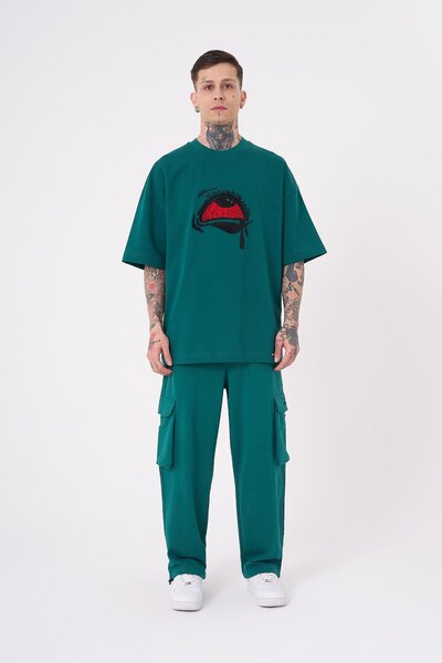 Machinist Men's Tired Eyes Embroidered Oversize Petrol Green T-Shirt