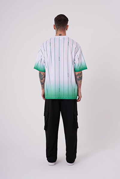 Machinist Ανδρικό ριγέ μηχανικός εμπριμέ υπερμεγέθη λευκό ανοιχτό πράσινο μπλουζάκι