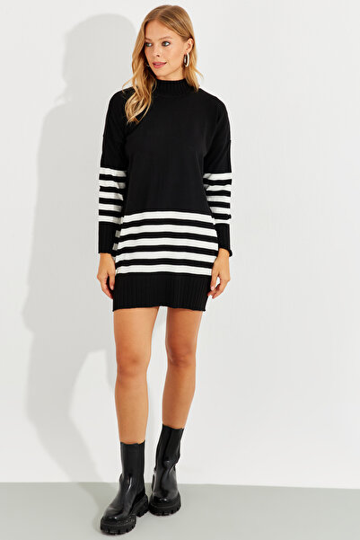 Cool & Sexy Γυναικείο Μαύρο Πλεκτό ριγέ χιτώνα YV202