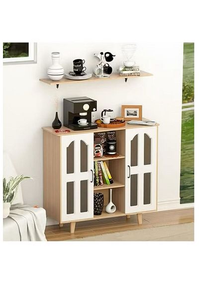 Generic Multi-Purpose Coffee Corner Storage Cabinet, Kitchen Side Cabinet with Shelves and Doors, Microwave