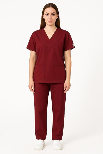 by htc forma Bordo Likralı Unisex Medikal Hemşire Ve Doktor Üniforması Scrubs...