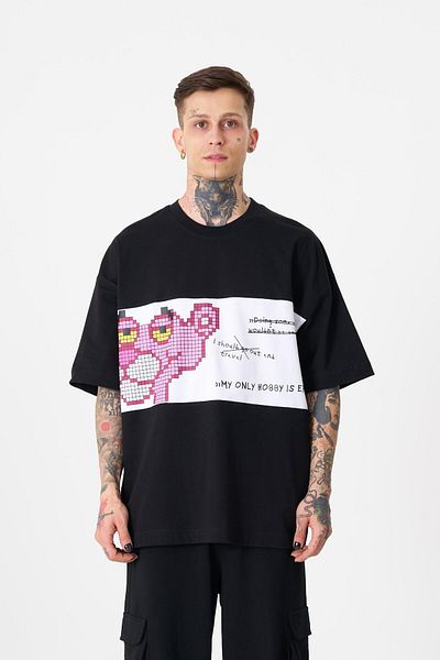 Machinist Men's Pink Panther Printed Oversize Black T-Shirt