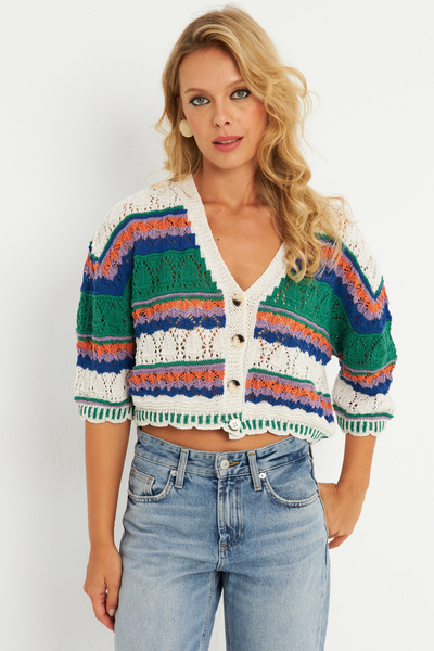 Cool & Sexy Ecru Colored Women's Cardigan - Mi̇w3851 Multi Color Model