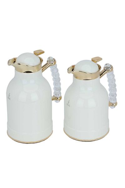 Alsaif Gallery A Unique Beige Thermos Set With Gold And Transparent Handle, Two Pieces