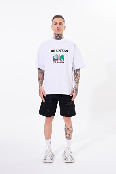 Machinist Tricou alb oversize cu imprimeu The Lovers pentru bărbați