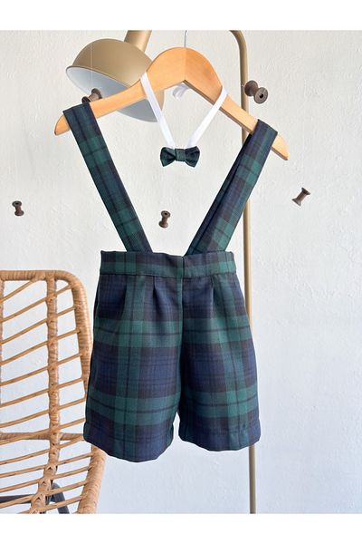 Sis and Bro Plaid Pattern Shorts Salopet with Bow Tie Gift