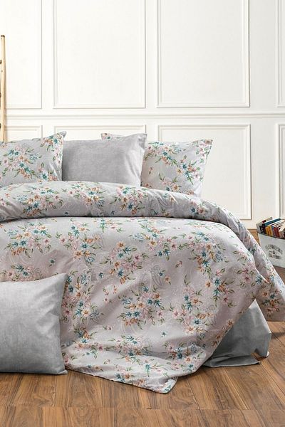 CANDAN ÇEYİZ Gray Double Sena Slot 6 Piece Cotton Cotton 4 Pillow Duvet Cover Set (with a Gift)