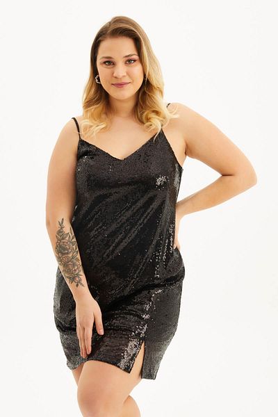 MYLİNE Lined Sequined Rope Strap Slit Dress